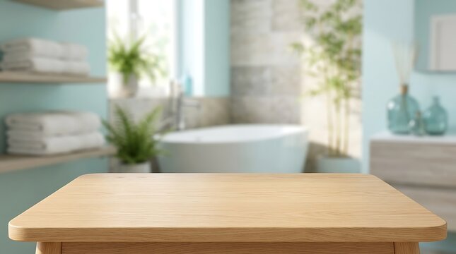 Empty wooden table podium for product display with blurred modern bathroom interior background for cosmetic marketing
