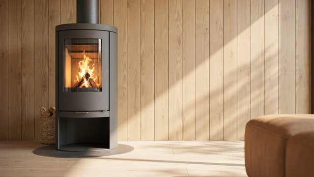 Dark gray cylindrical wood stove with burning fire against light wood paneled wall