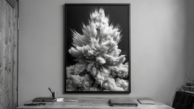 Black and white framed poster of a dramatic smoke explosion hanging above a minimalist wooden desk in a modern office interior with cloud smoke debris
