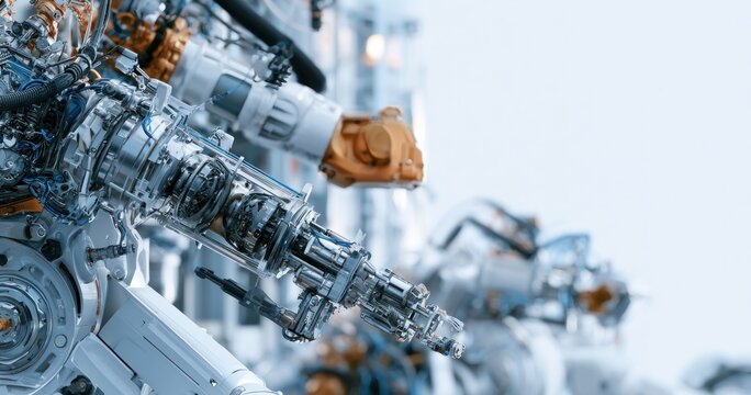 Advanced robotic arm with intricate machinery and metallic textures in a factory setting