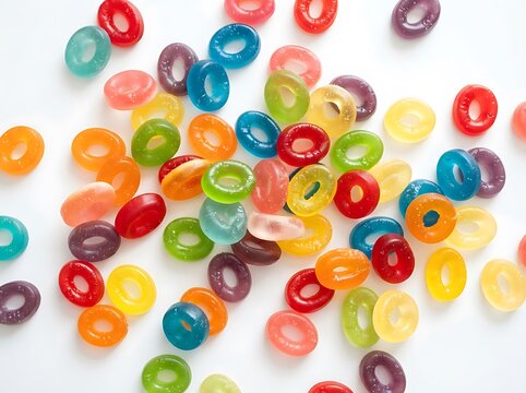A collection of colorful ring shaped hard candies scattered on a white background.