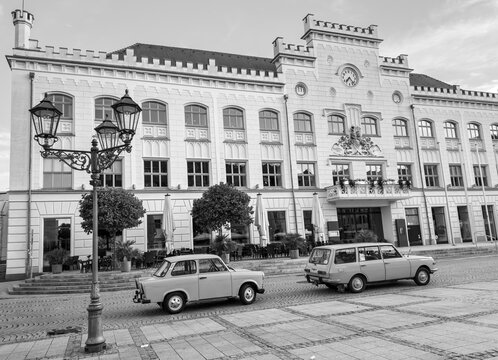 Zwickau Town Hall with Theater, Trabant and Wartburg in Black and White