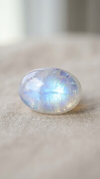 An ethereal close-up image showing a cabochon cut natural moonstone gemstone with a stunning, pearlescent adularescence sheen that gleams under natural light, spiritual, backdrop, moonstone