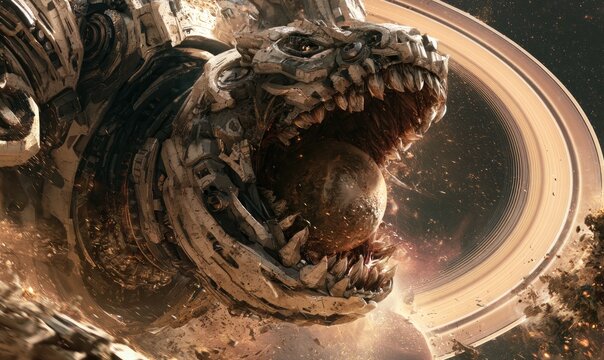 Aggressive monster creature with mechanical parts in outer space