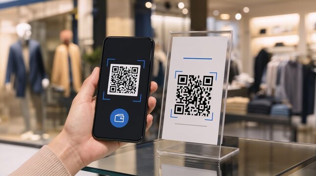 Customer using QR code mobile payment in clothing store