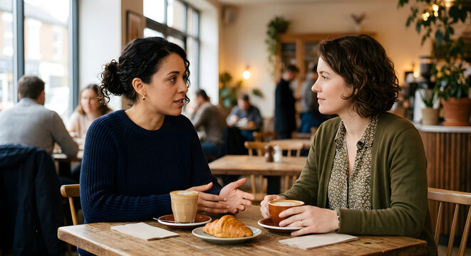 Two Adult Friends Having a Calm Respectful Conversation in a Cafe