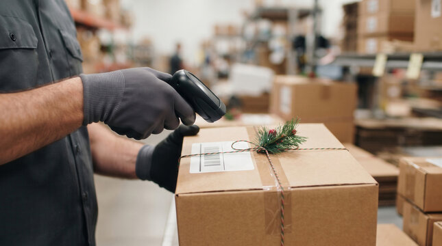 Warehouse worker scanning barcode on Christmas package