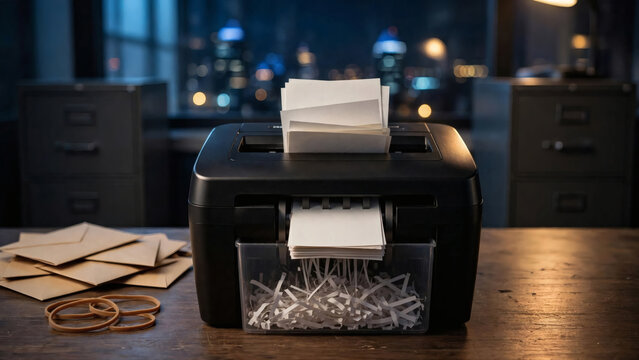 Paper shredder with documents in office at night