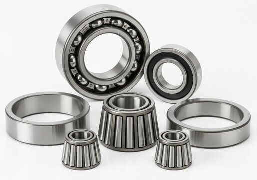 Assorted metal ball bearings and roller bearings isolated on white background