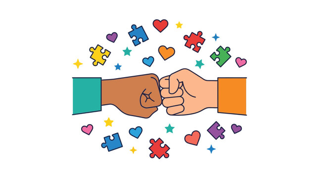 Solidarity gesture of two fists bumping together surrounded by puzzle elements and stars.