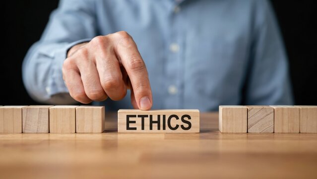 Hand placing a wooden block with the word ethics on a table
