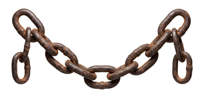 Rusty heavy iron chain links hanging in a curve