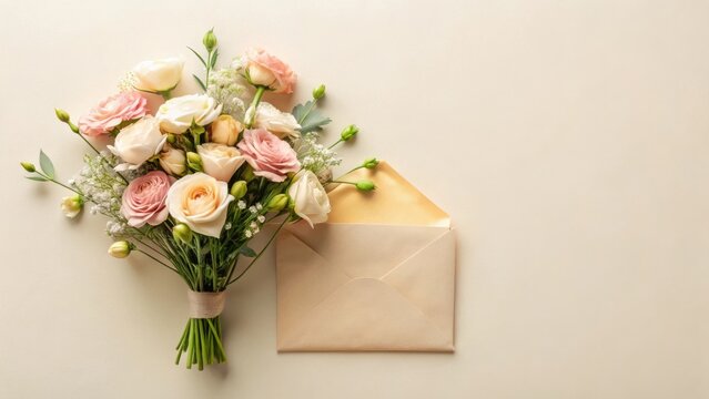 A Delicate Bouquet of Pastel Roses and Baby's Breath with a Pale Envelope