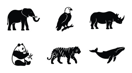 Fototapeta premium Set of Six Silhouette Wildlife Animals, Vector Icons: Elephant, Eagle, Rhino, Panda, Tiger, Whale