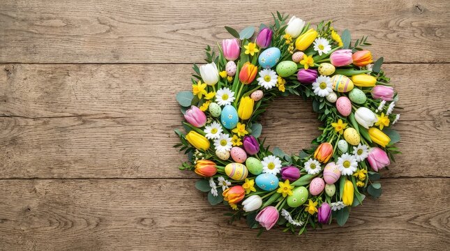 Overhead view of a vibrant spring wreath made of colorful Easter eggs, tulips, and daisies arranged in a neat circle on a rustic wooden table, festive, easter eggs, easter