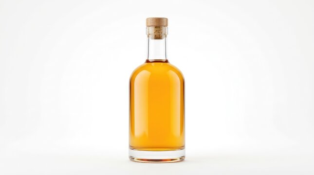 Premium golden amber whiskey in a clear glass bottle with cork stopper, perfectly illuminated and isolated on a seamless white background, beverage, background, elegant
