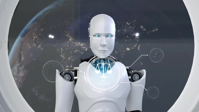 A futuristic robot represents the concepts of AI ethics against a backdrop of Earth, highlighting the intersection of technology, morality, and human values in a digital age. Synapse