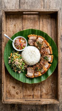 Traditional Balinese babi guling meal served overhead on fresh banana leaves with rice lawar pork and sambal matah on a rustic wooden tray, garnish, meal, suckling pig