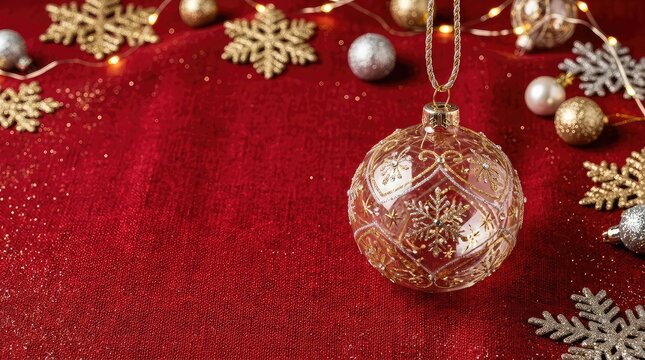 Un bellissimo sfondo natalizio rosso intenso e testurizzato, arricchito da eleganti decorazioni festive dorate e argentate come fiocchi di neve e palline, natale, magico, scintillante