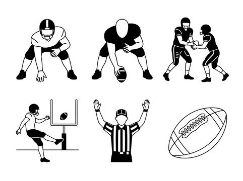 American football player silhouettes collection showing various athletic actions and game equipment in simple clean black and white line art