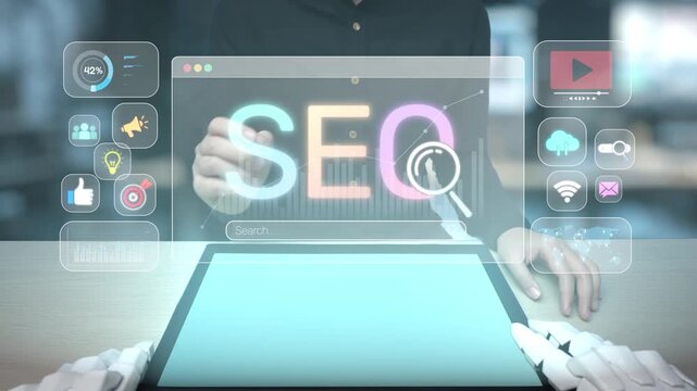A person utilizes a tablet device to delve into SEO analysis, showcasing vibrant graphics and metrics, emphasizing the intersection of technology and digital marketing strategies. Salient
