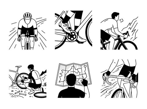 Cycling collection showing diverse bicycling scenes with athletes riding bikes repairing mechanical issues and navigating using paper route maps illustrations