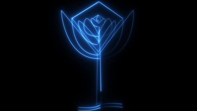 Abstract glowing blue neon flower animation rotating inside a geometric cube frame on black background