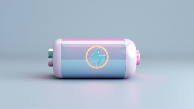 Stylized battery illustration. Pastel colors, rounded design, central lightning symbol. Simple studio lighting, soft shadows. Modern aesthetic.