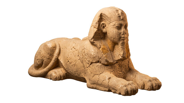 Ancient Egyptian sphinx statue, weathered sandstone pharaoh sculpture, antique mythological creature monument, historical limestone artifact isolated PNG with Transparent Background