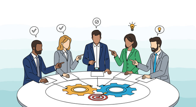 Diverse team of business professionals collaborating around a conference table to align mechanical gears and hit target goals together.