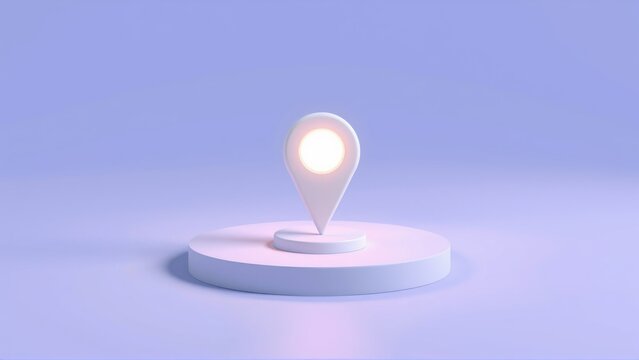 Minimalist location pin atop circular platform. Soft pastel colors, simple geometry, studio lighting creates calm aesthetic.