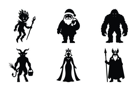 Mythical Creature Silhouettes: Bigfoot, Santa, Jack Frost, Goat Demon, Queen, Viking