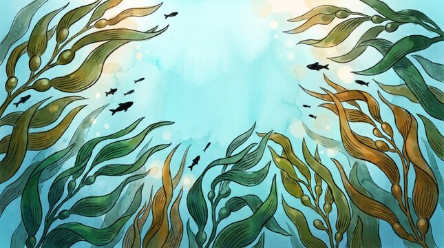 An underwater watercolor illustration looking up through tall green and brown kelp stalks forming a circular frame around bright ocean water with swimming fish.
