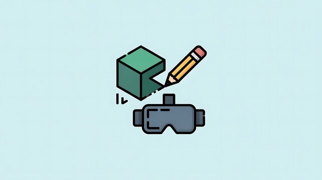 Virtual reality headset with 3d cube and pencil icon