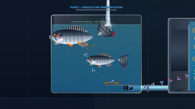 Symbiotic aquaponics nitrogen bio cycle animation showing Nile tilapia aquaculture ammonification aerobic bio filtration rhizosphere nitrate uptake by lettuce and purified recirculation