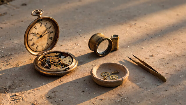 Antique Pocket Watch Repair Parts on Table