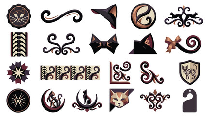 Obraz premium Gothic cat decorative elements set, vintage feline ornaments and borders, dark fantasy vector design assets for scrapbooking