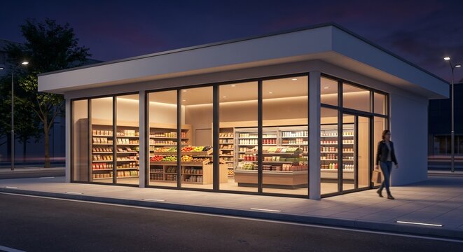 Modern illuminated convenience store exterior at night