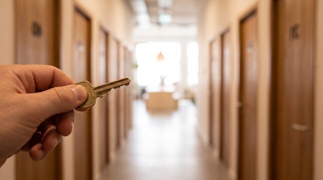Hand holding a single key in front of a long corridor with multiple wooden doors