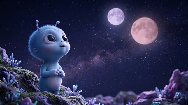 Cute blue alien standing on an alien planet watching twin moons in a starry night sky
