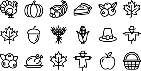 Fototapeta premium Set of hand drawn thanksgiving icons featuring turkey pumpkin cornucopia pie leaves acorn and autumn harvest elements