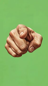 Index finger pointing close-up toward viewer on green background for direct warning, blame, selection, accountability, command gesture, user instruction, and attention-grabbing communication.