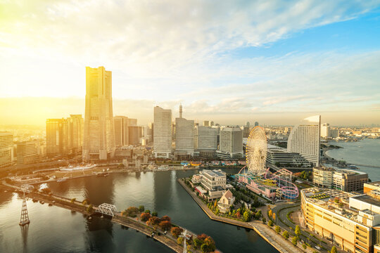 Panoramic aerial view of yokohama landmark tower and minato mirai city skyline, cityscape during golden hour sunset
