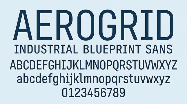 Aerogrid Industrial Blueprint Sans Font Display with Alphabet and Numbers