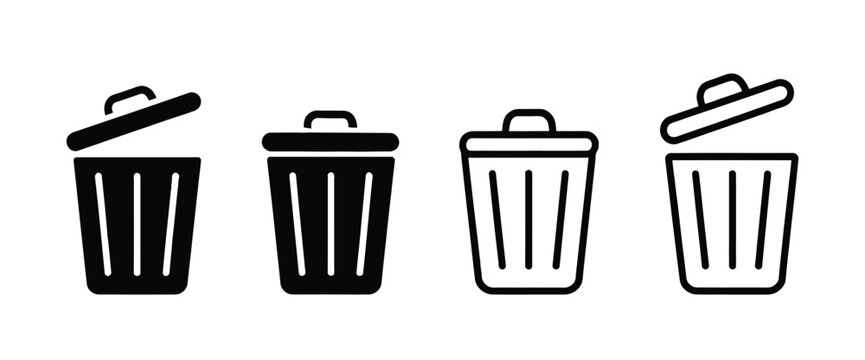 Trash bin vector icon featuring black waste container symbols for delete, disposal, recycling, garbage, and cleanup concepts