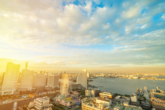 Panoramic aerial view of yokohama and minato mirai city skyline, cityscape during golden hour sunset