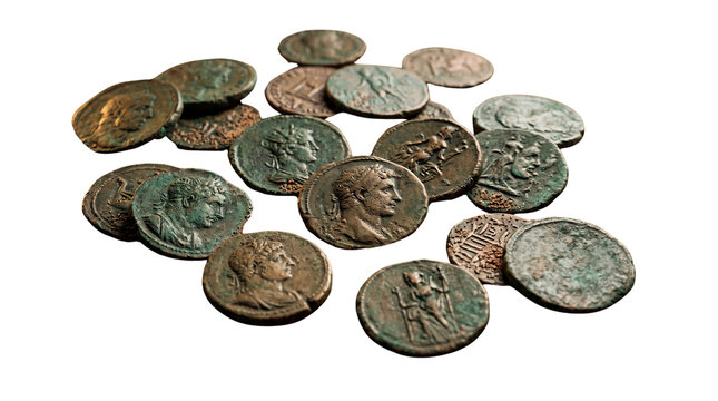 Ancient Roman bronze coins with emperor portraits, weathered antique copper currency, archaeological treasure of historic metal money isolated PNG with Transparent Background