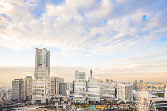 Panoramic aerial view of yokohama landmark tower and minato mirai city skyline, cityscape during golden hour sunset