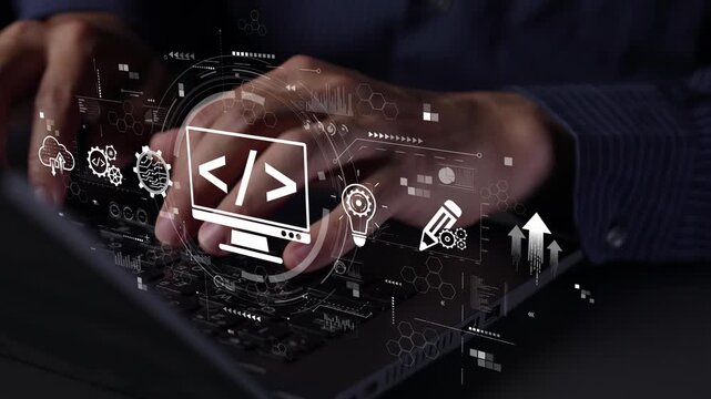 Modern web development concept featuring coding symbols, web development process, web development interface, and web development tools with futuristic design. Muxer