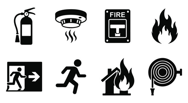 essential fire safety icons including extinguisher smoke alarm fire exit running person burning building and hose reel